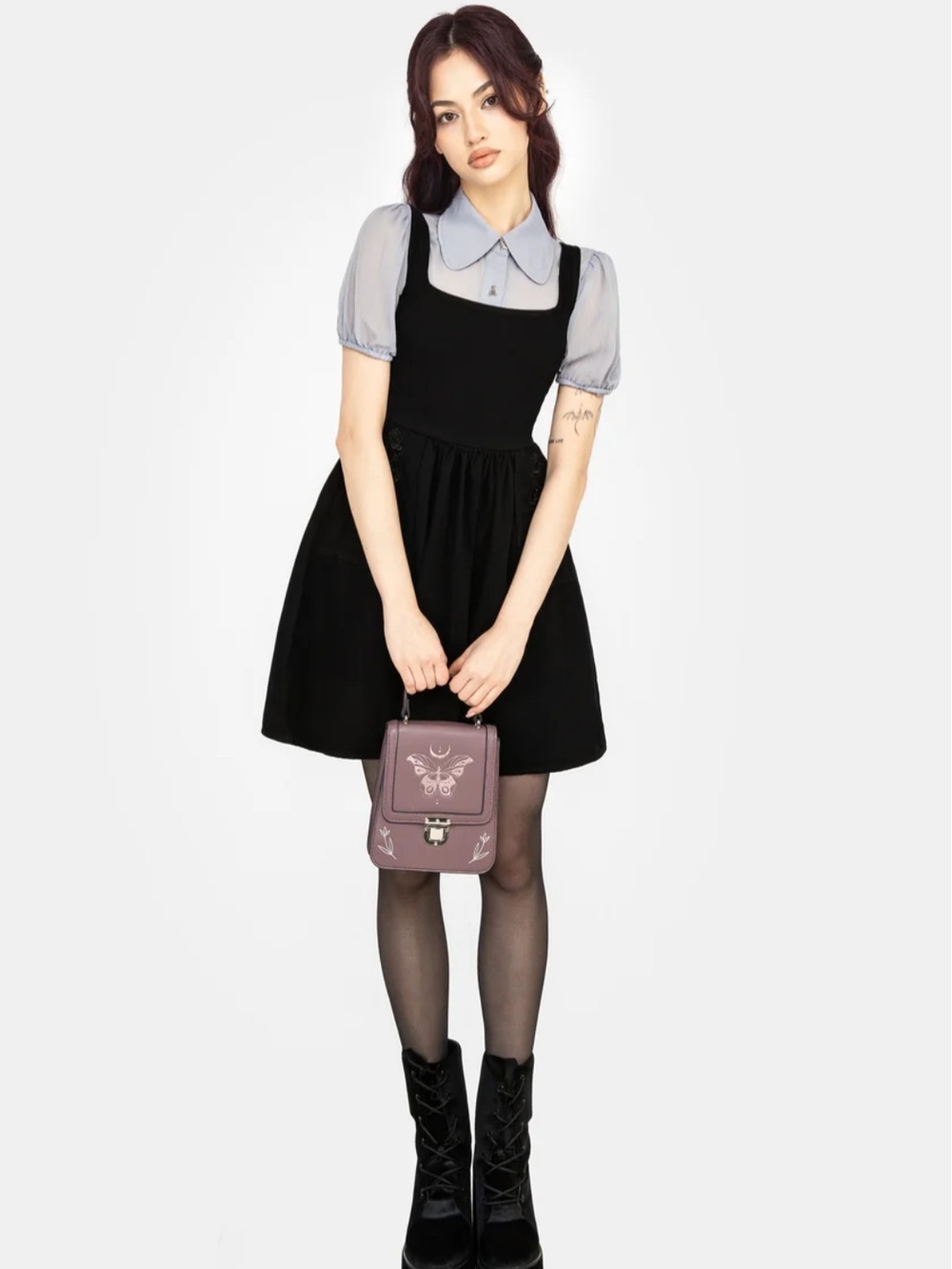 Deadhead Rose Embroidered Black Denim Mini Smock Dress - Picture 6 of 6